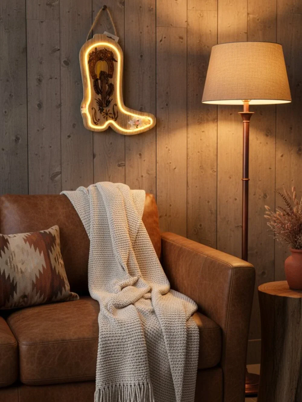 Western LED Cowboy Boot Wall Decor – Rustic Floral Light-Up Sign